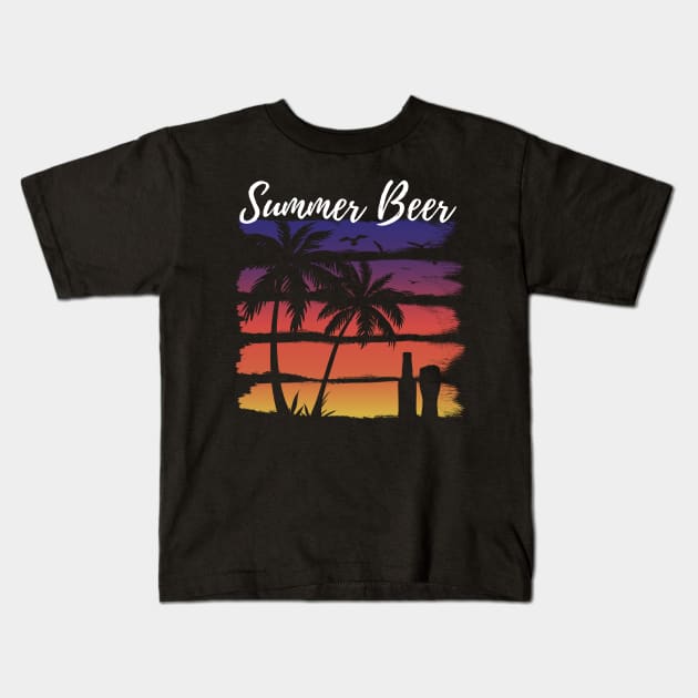 Retro Sunset With Beer and Palm trees Kids T-Shirt by byfab